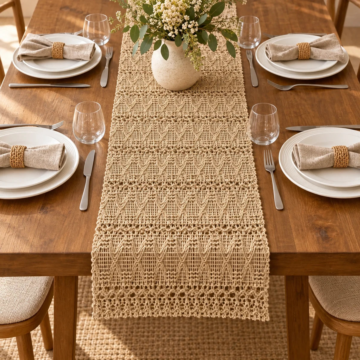 Macramé Table Runner in a styled lifestyle setting