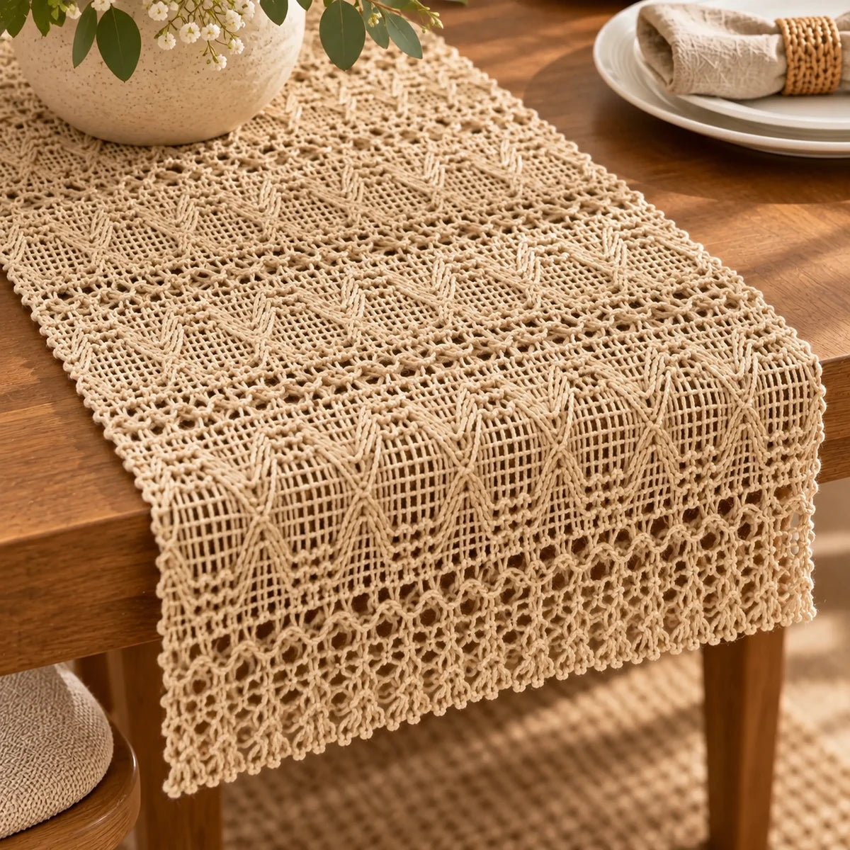 Macramé Table Runner detail view in a coordinated setting