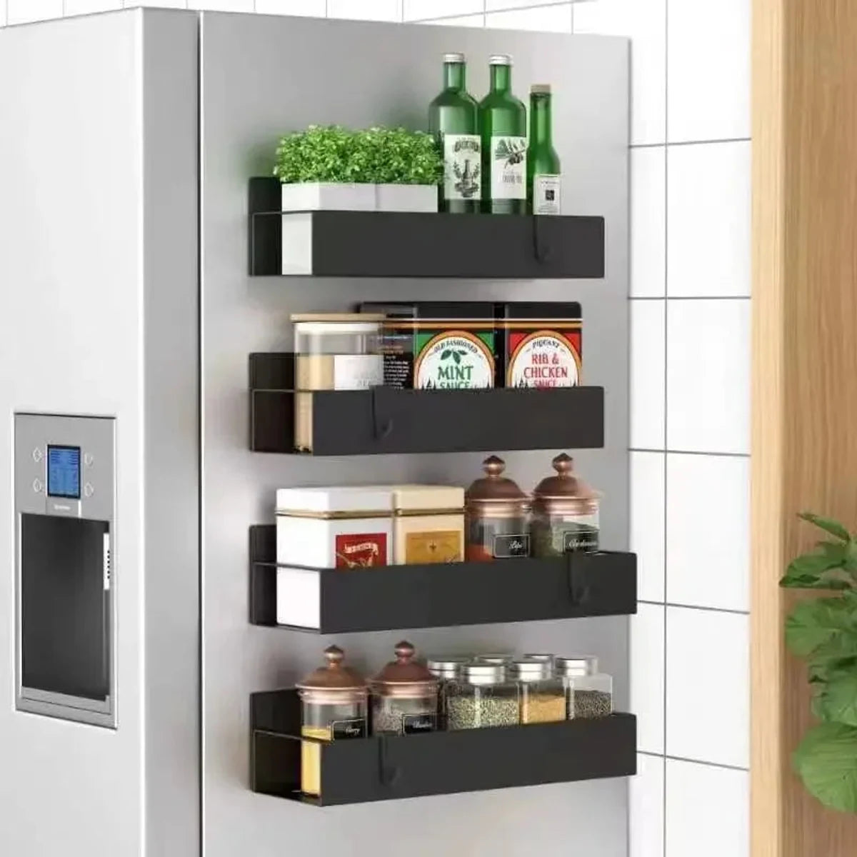 Black ABS magnetic spice racks arranged vertically on a refrigerator