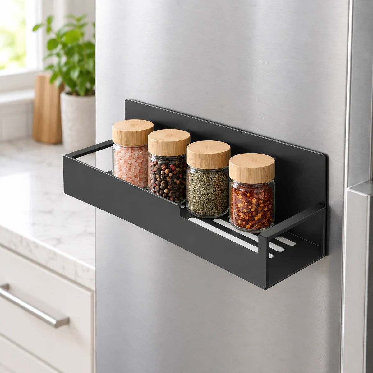 Black carbon steel magnetic spice rack in a refined kitchen setting