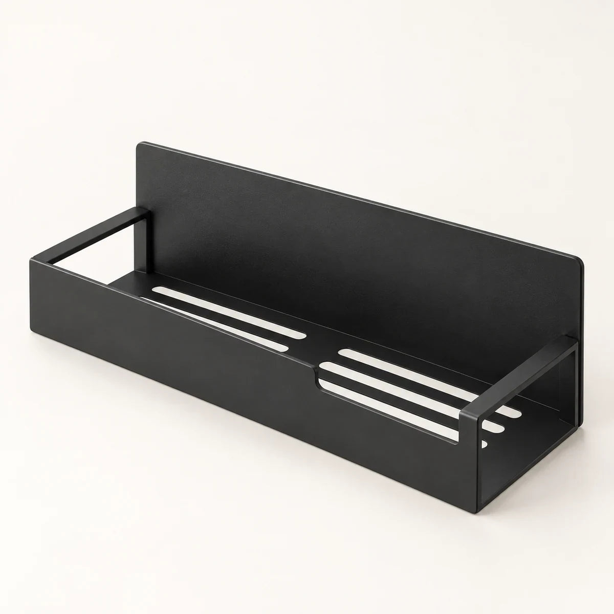 Black carbon steel magnetic spice rack on a clean warm-white background
