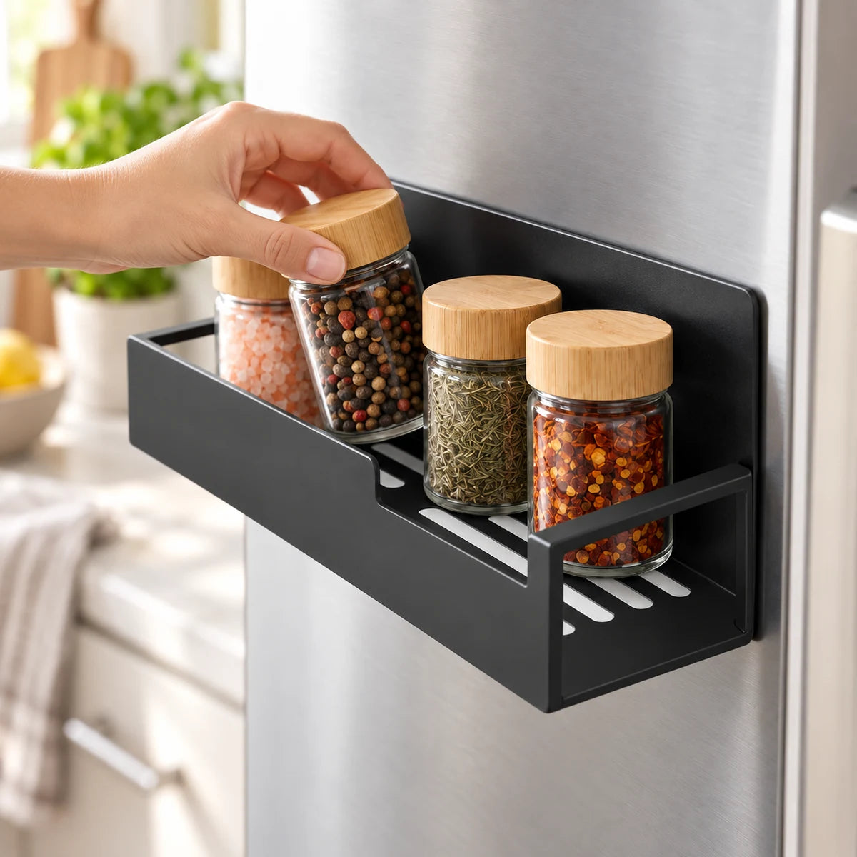 Magnetic Spice Storage Rack detail view in a coordinated setting