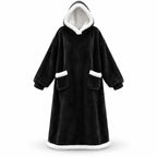 Black oversized wearable blanket hoodie with white sherpa trim