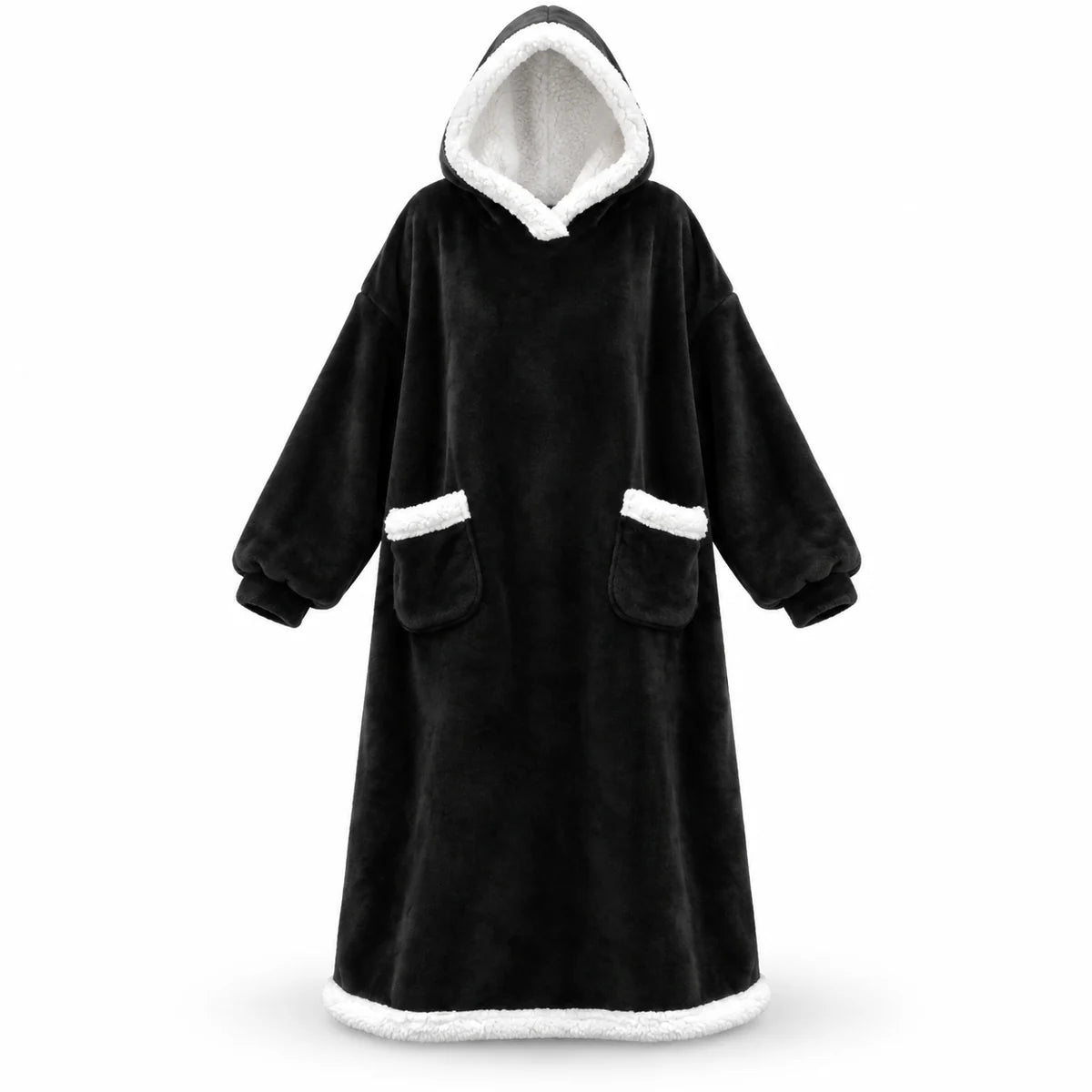 Black oversized wearable blanket hoodie with white sherpa trim