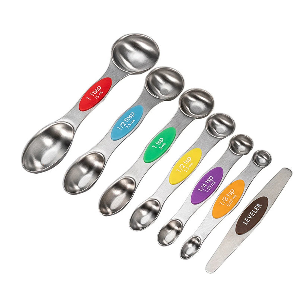 Seven rainbow magnetic measuring spoons with metal leveler