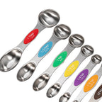Close view of engraved sizes and colored labels on the measuring spoons