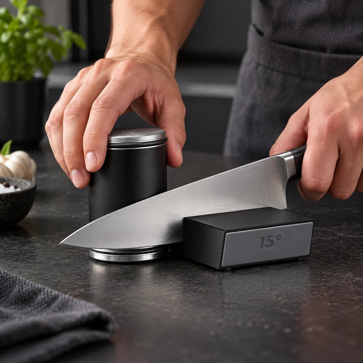 Rolling Knife Sharpener Kit in a styled lifestyle setting