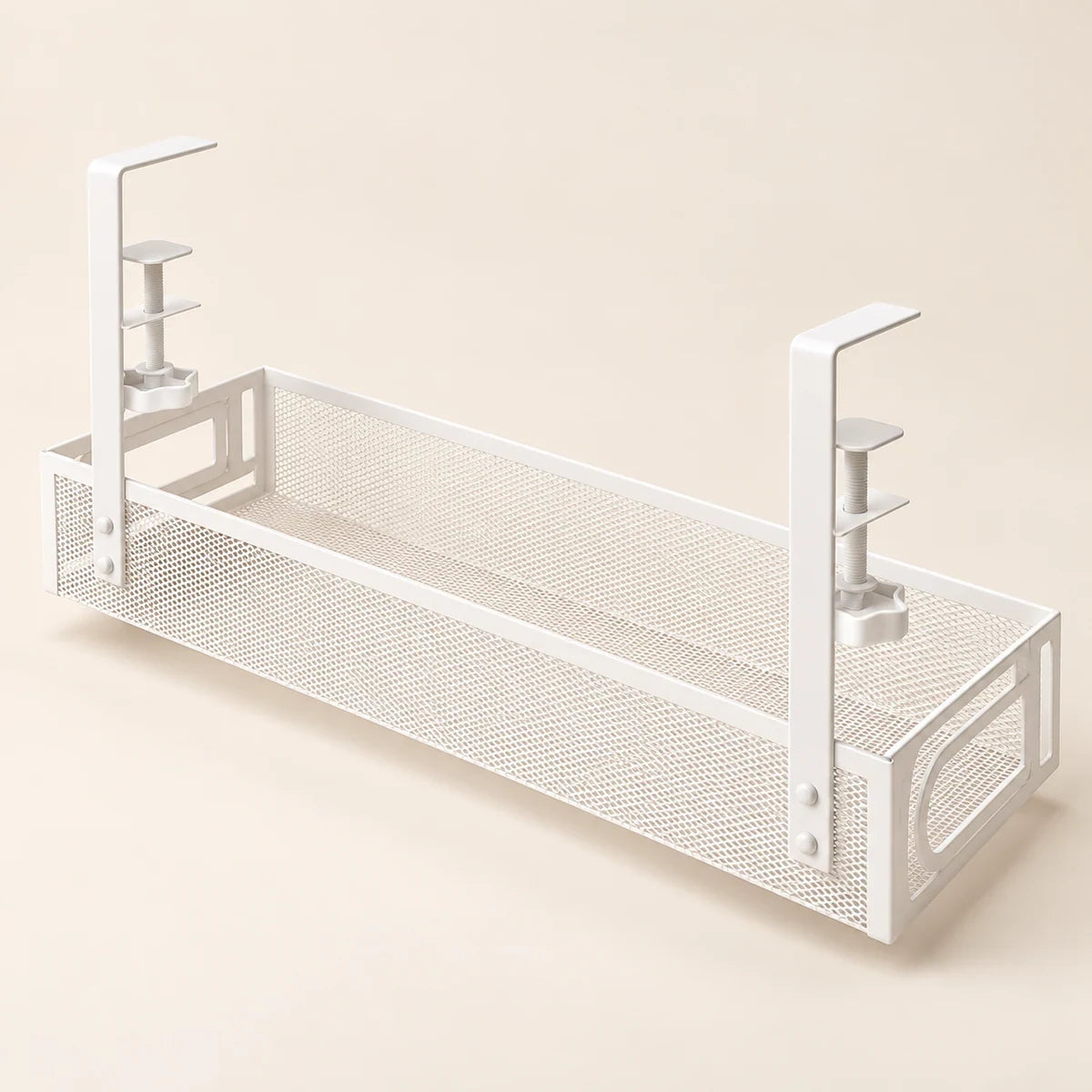 White perforated metal under-desk cable tray with two screw clamps and open basket