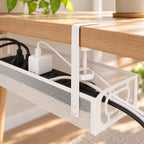 Close view of the white cable tray clamp, mesh basket and cable-pass opening