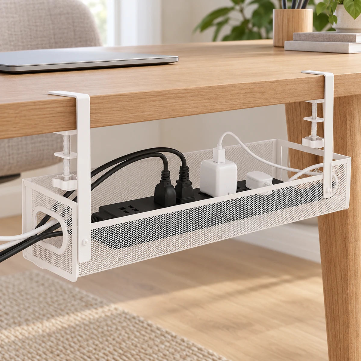 White under-desk cable management tray viewed from an alternate angle in a modern office