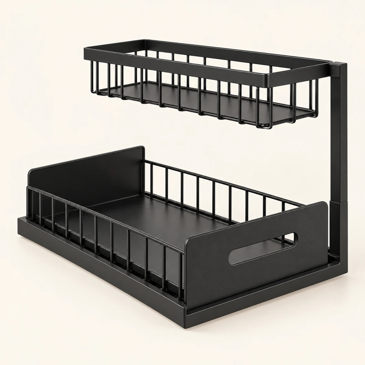 Black two-tier under-sink organizer on a clean warm-white background