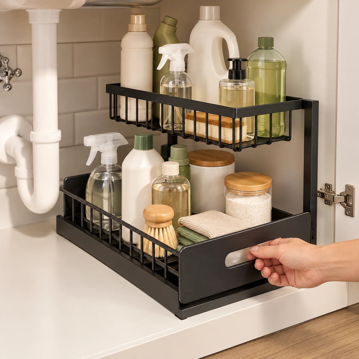 Black under-sink organizer with lower sliding basket being pulled open