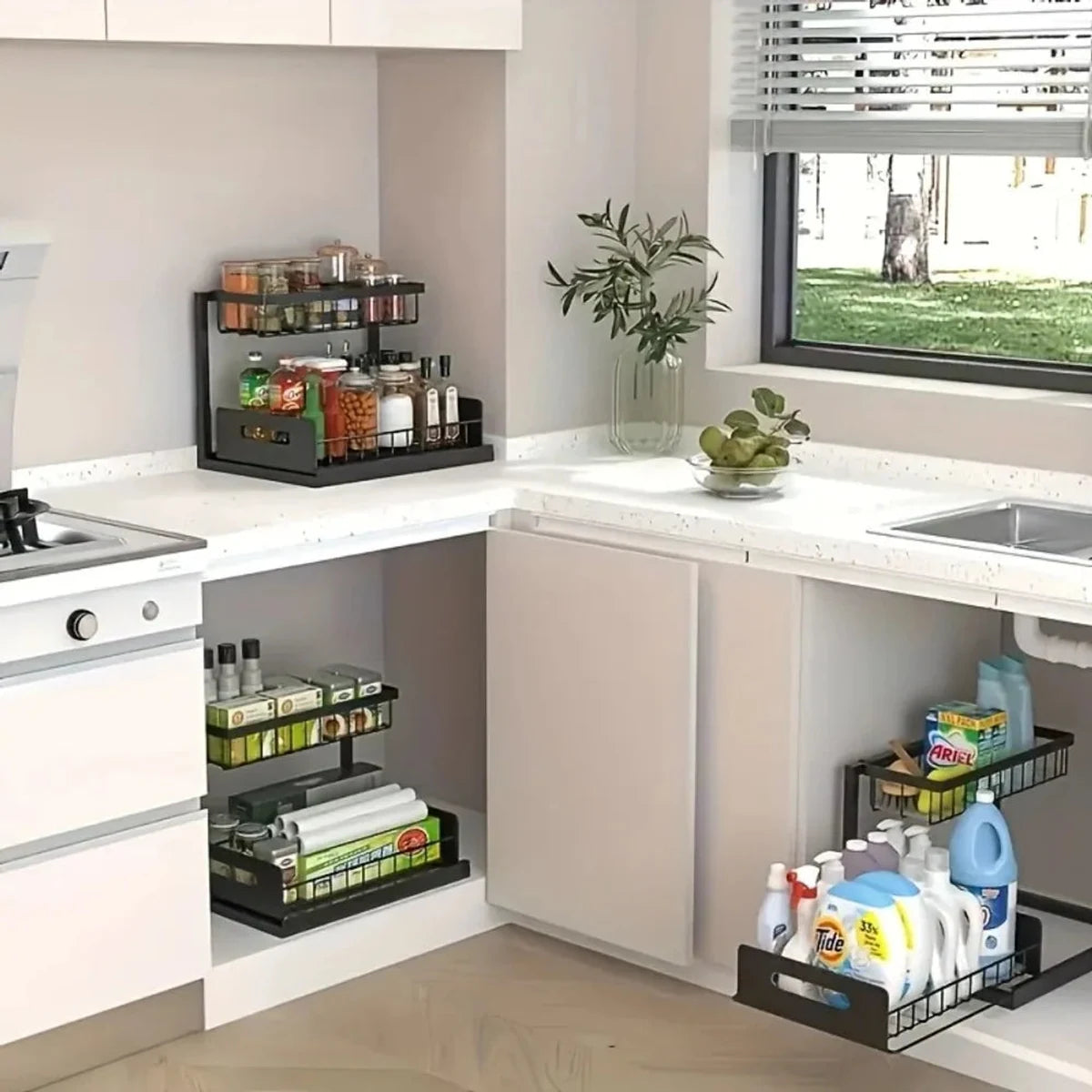 Black two-tier organizer used for kitchen and under-sink storage