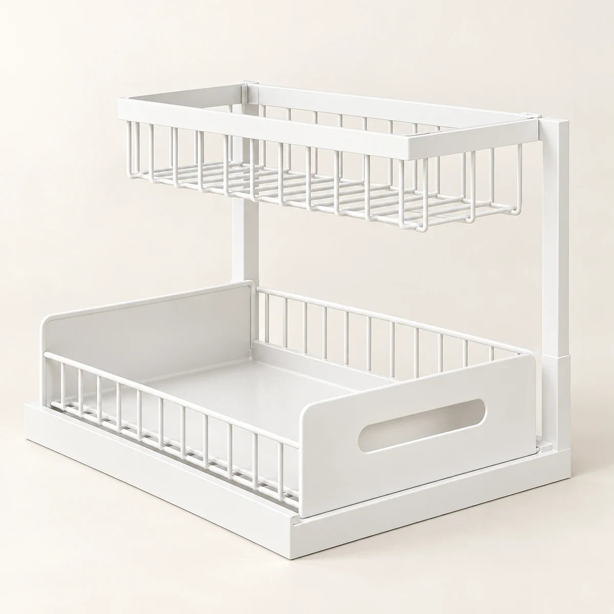 White two-tier under-sink organizer on a clean warm-white background