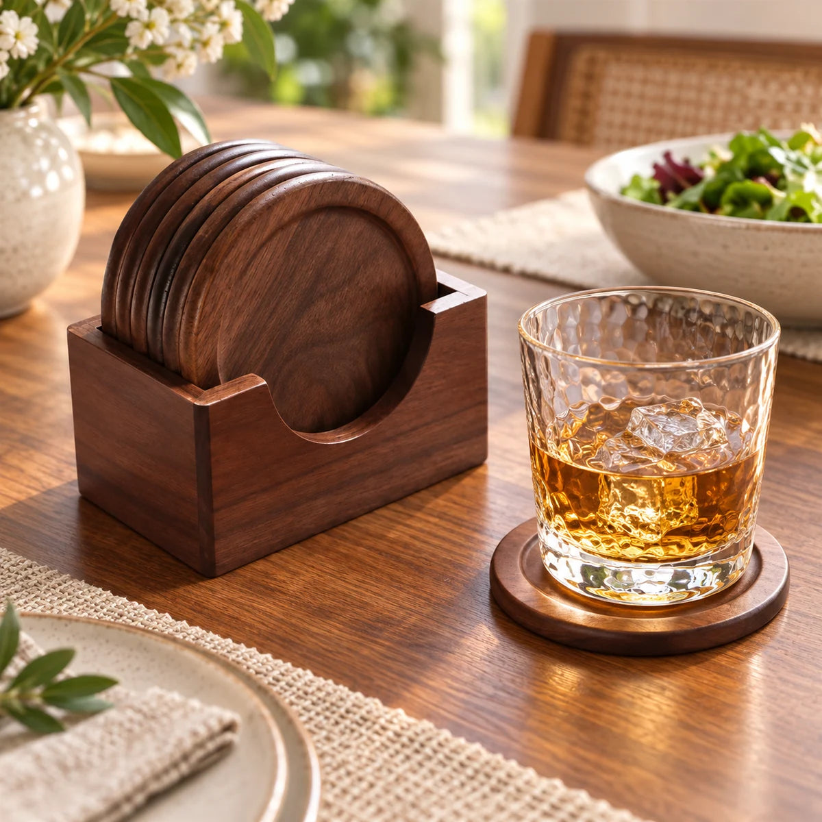 Wooden Coaster Set in a styled lifestyle setting