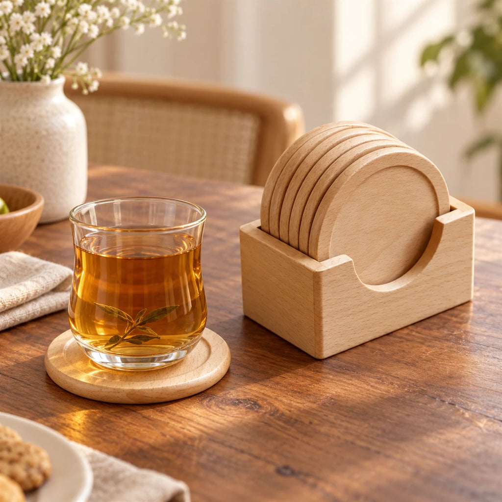 Light beech wood coaster set in use with a clear tea glass on a round coaster