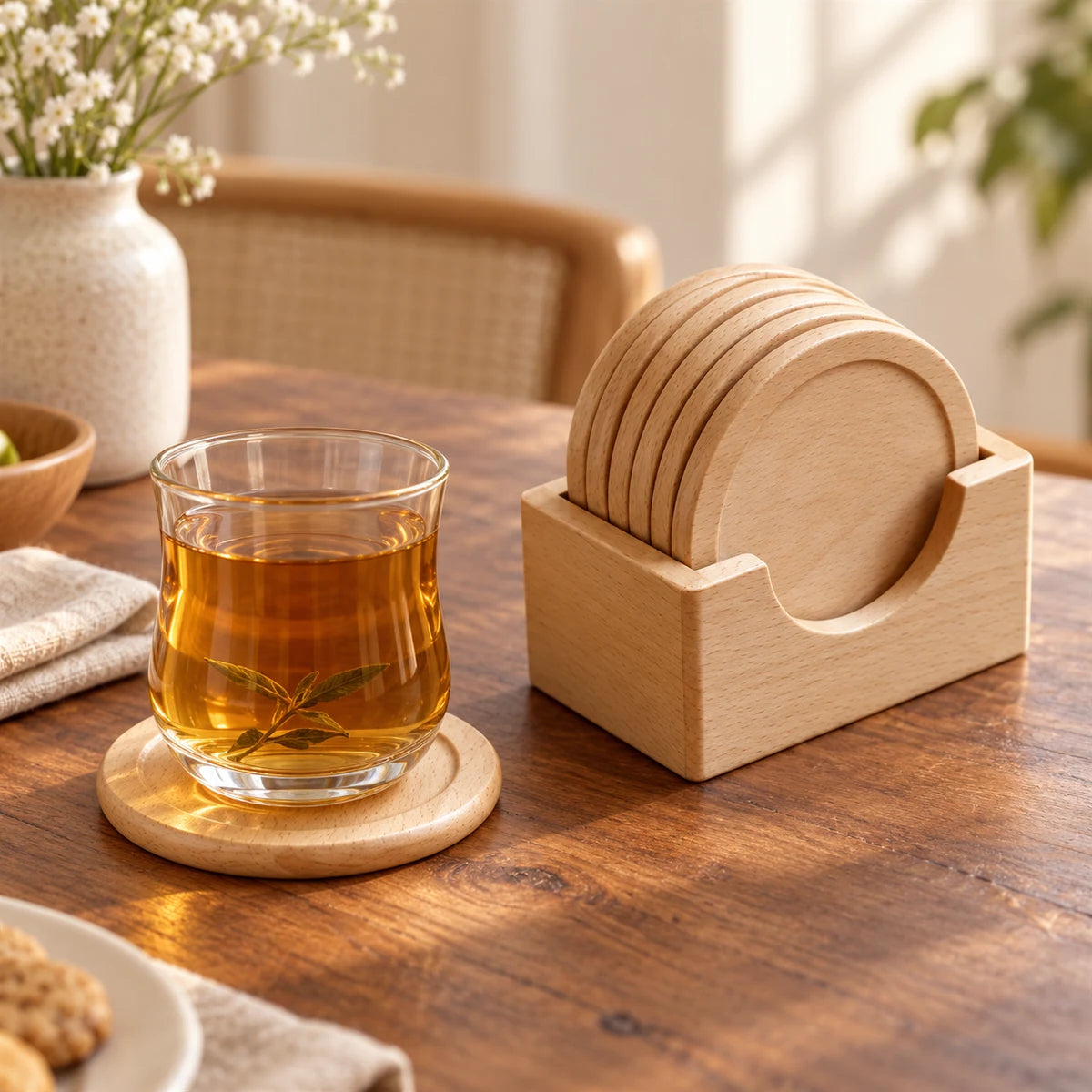 Light beech wood coaster set in use with a clear tea glass on a round coaster