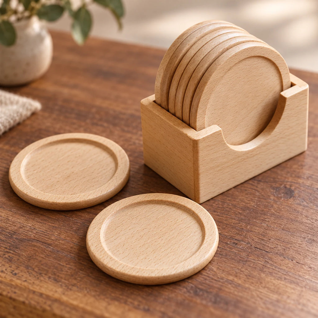 Close view of light beech wood grain, raised coaster rim and holder cutout