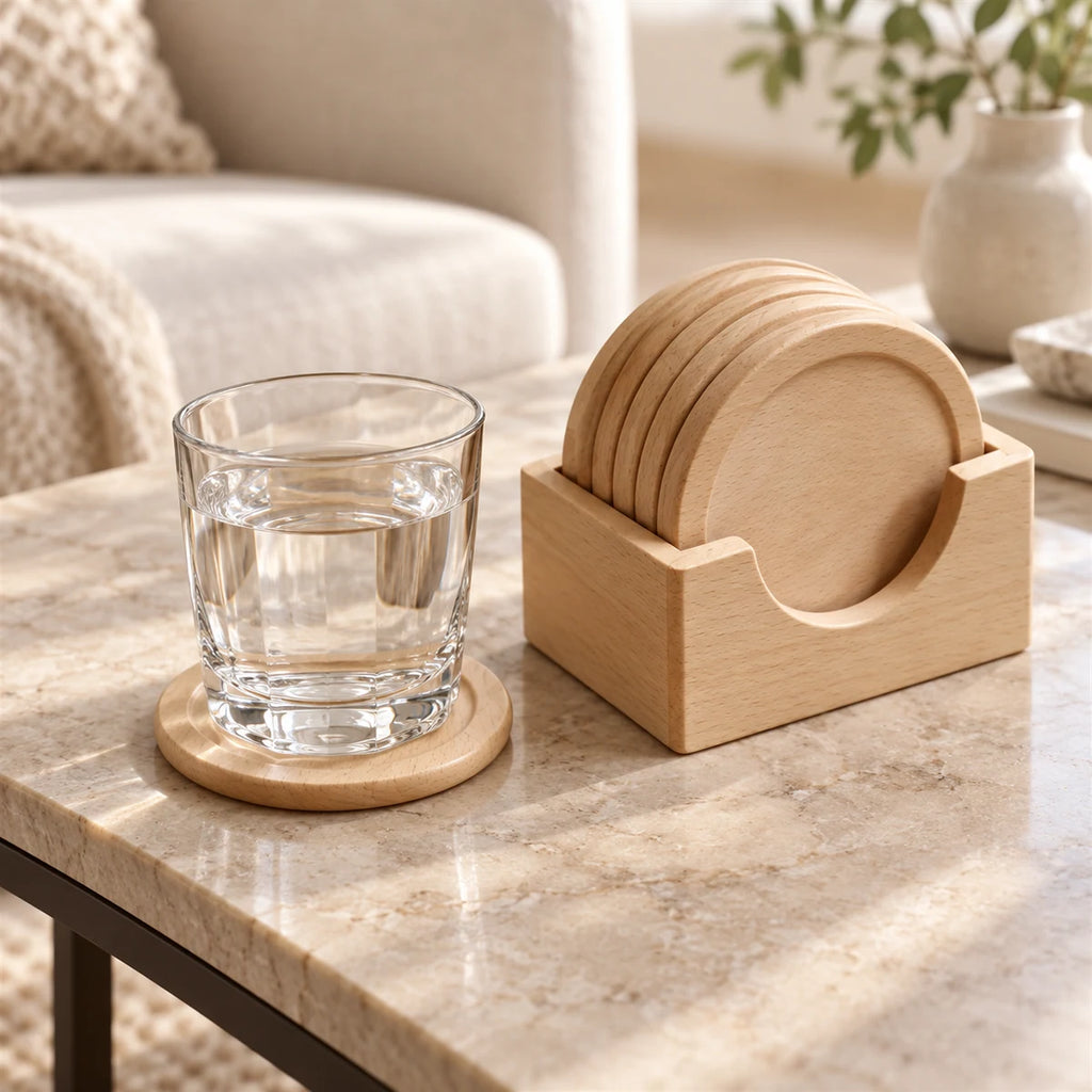 Light beech wood coaster set in a refined coffee table setting