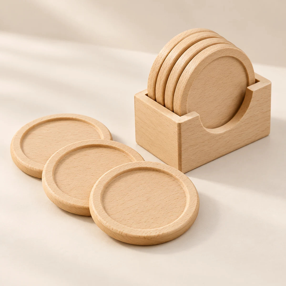 Six light beech wood coasters arranged beside their matching holder