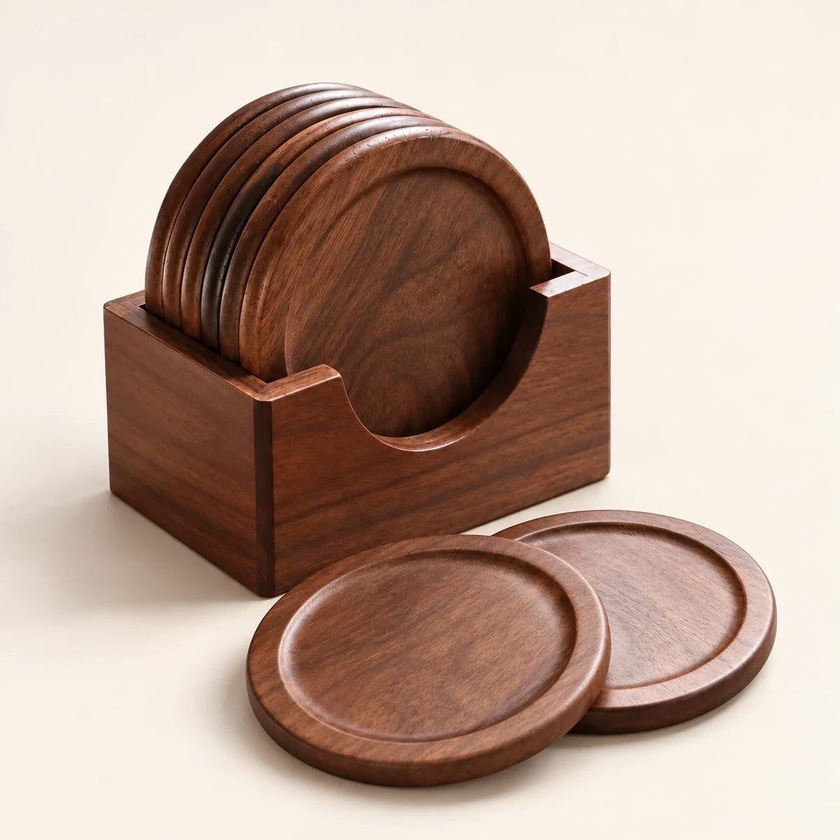 Six dark walnut round coasters with raised rims and matching wooden holder