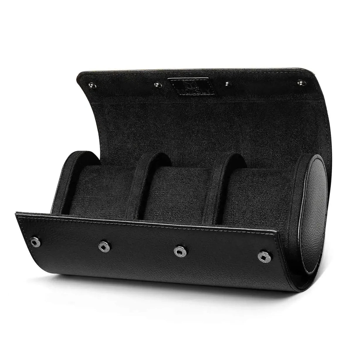 Black three-slot watch travel roll open on a white background