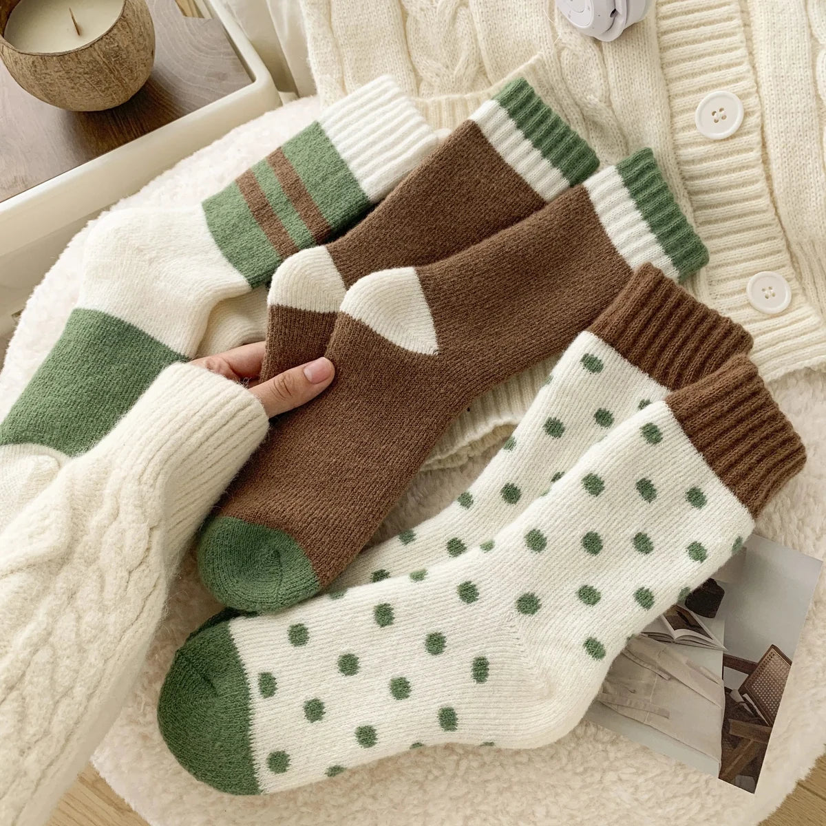 Close view of the four knit patterns in the winter sock set