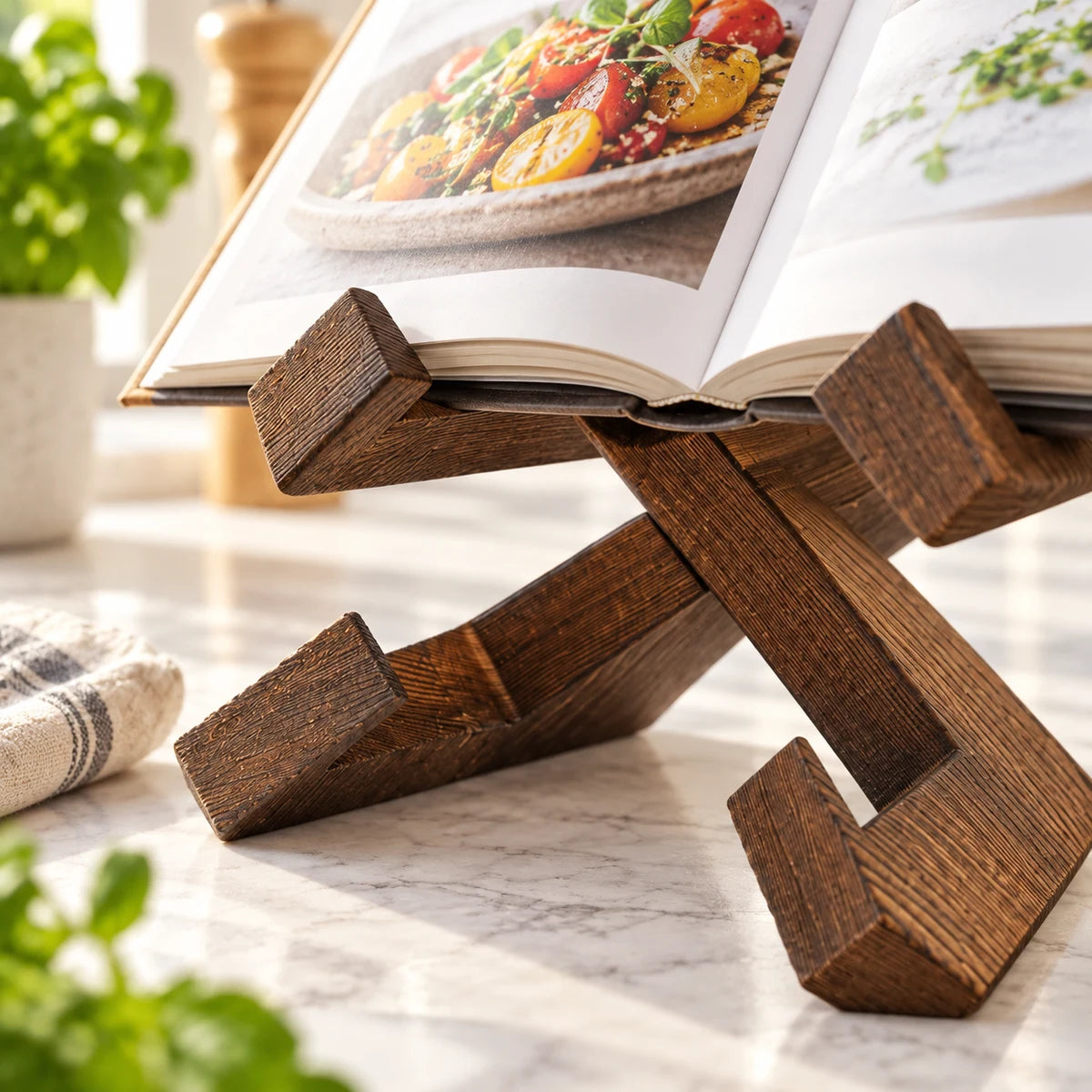 Wooden Cookbook Stand detail view in a coordinated setting