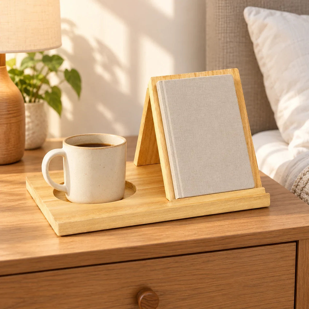 Natural wood reading stand with cup holder in use beside a bed