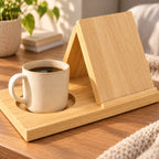 Close view of natural wood grain, cup holder recess, reading panel and front rail