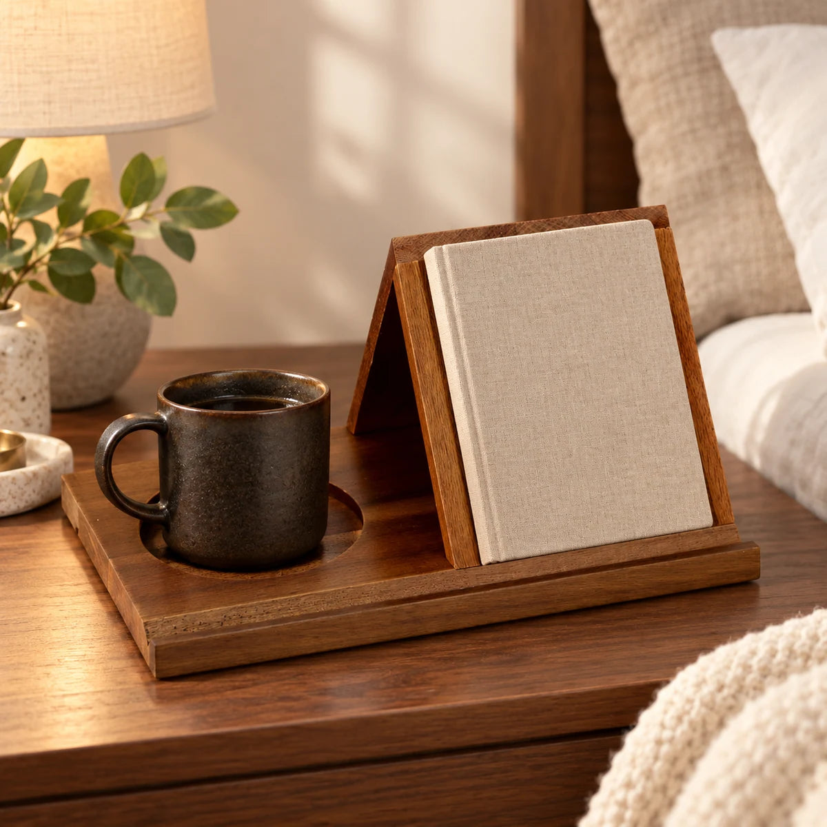 Walnut brown reading stand holding a book with a mug in the recessed cup holder